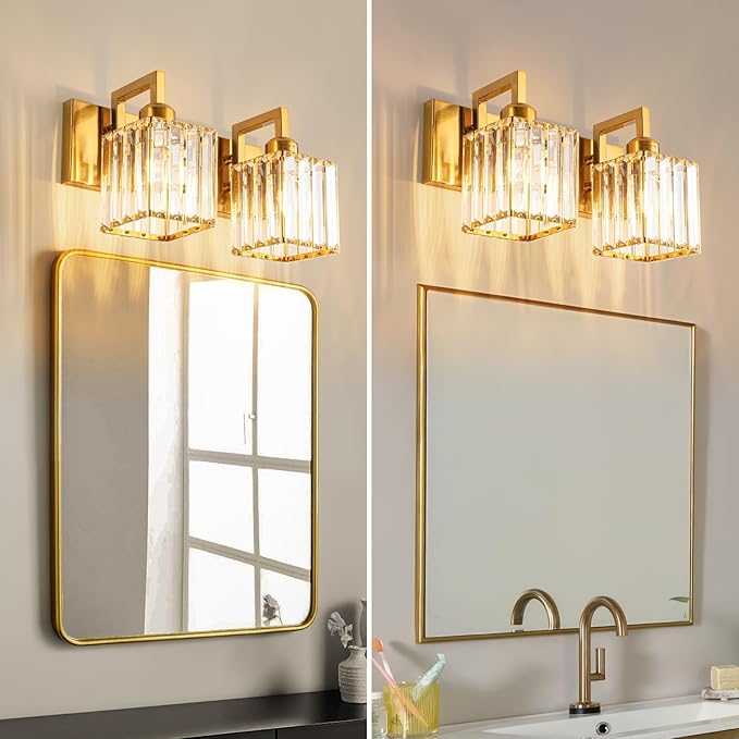 Gold crystal vanity light with two square wall mounting frames and clear glass prisms