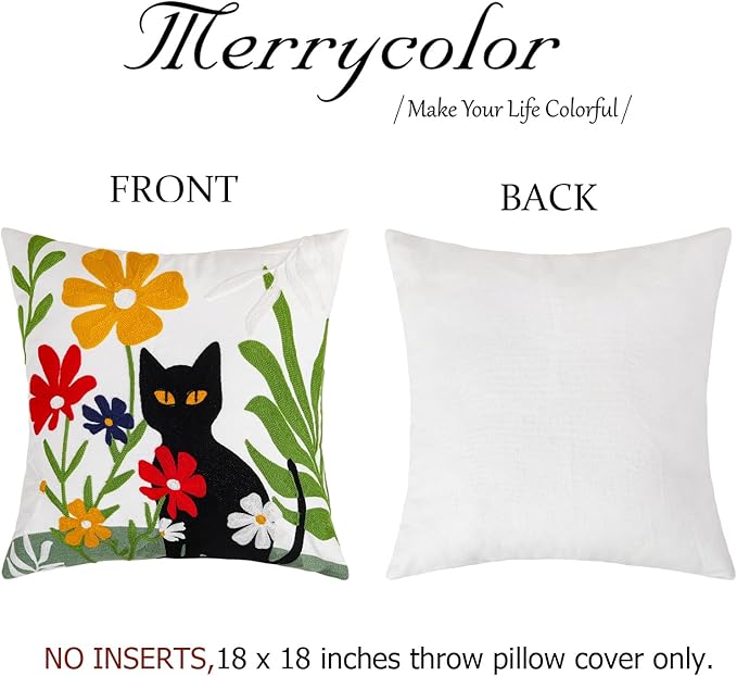 Embroidered throw pillow cover, black cat and floral design front; solid white back