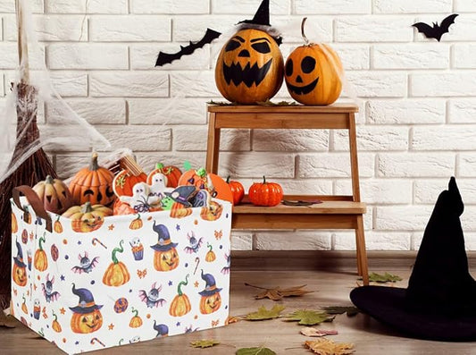 Rectangular Halloween storage basket with pumpkin and witch print, brown carry handles