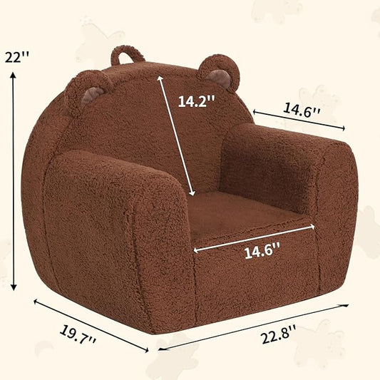 Brown sherpa plush kids teddy chair with bear ears and top carry handle