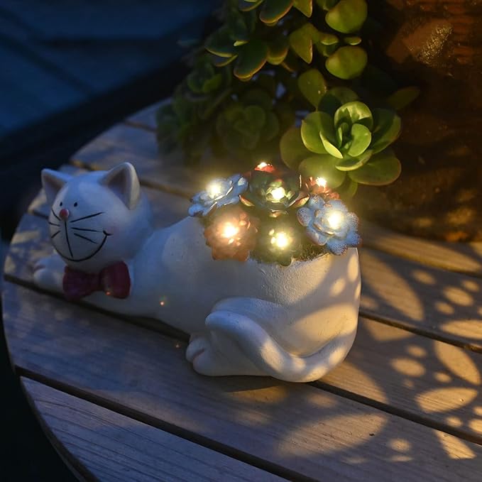 Cat Solar Garden Statue with Succulent and LED Lights - Waterproof Resin Outdoor Decor