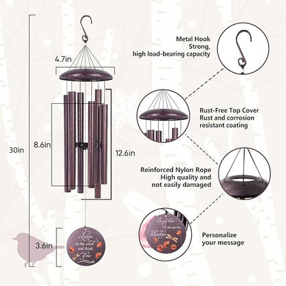 Personalized wind chime diagram showing hook, rust-free top cover, rope, and three rods