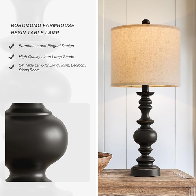 Farmhouse table lamp with black resin base and beige linen drum shade