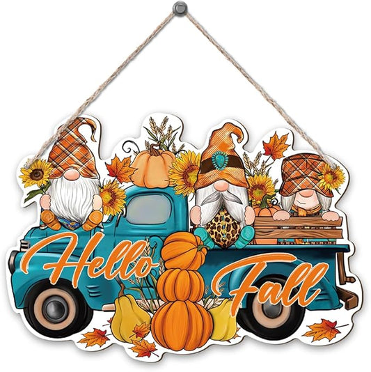 Hanging autumn gnome truck ornament with Hello Fall text and pumpkins, leaves