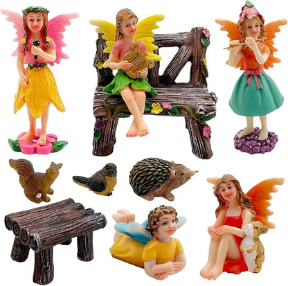 Set of 10 Fairy Garden Figurines with Forest Animals and Benches - Resin Outdoor Decor