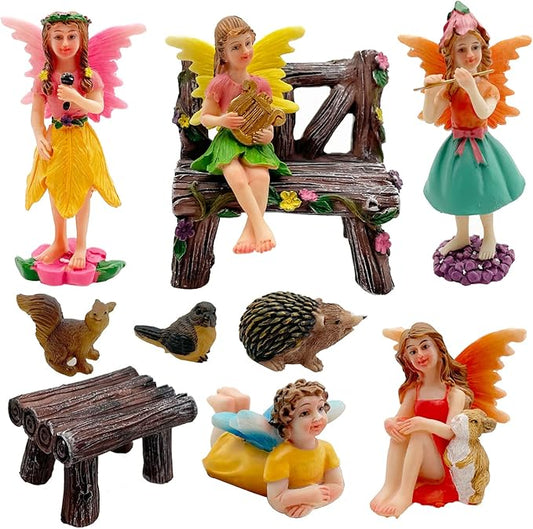 Set of 10 Fairy Garden Figurines with Forest Animals and Benches - Resin Outdoor Decor