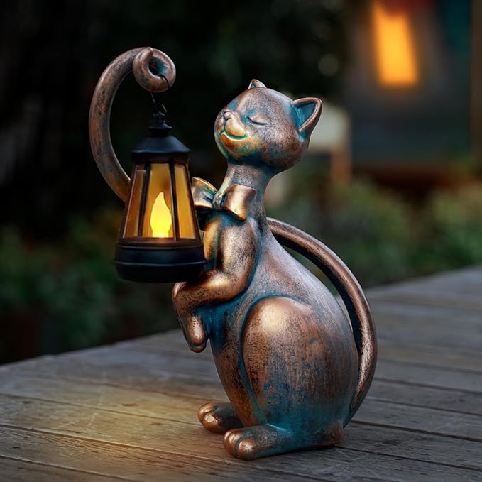 Solar Cat Garden Statue with LED Glow - 10.7-Inch Weatherproof Resin Decor