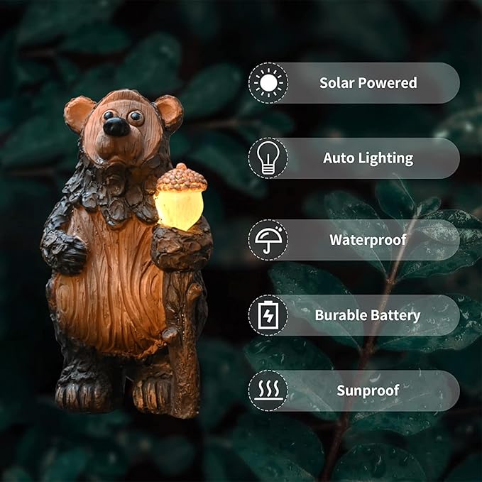 Bear Solar Garden Statue with LED Lights - Waterproof Resin Outdoor Decor