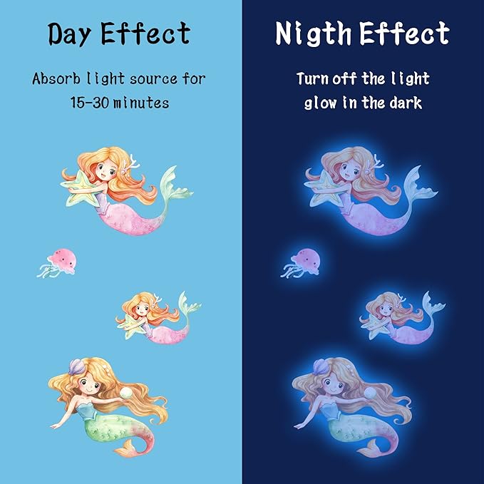 Glow in the Dark Mermaid Wall Decals – 68 Pcs Blue Glow Ocean Stickers | Mermaid Turtle Seahorse Jellyfish Starfish | Peel & Stick Ceiling Wall | Nursery Playroom Bedroom Gift