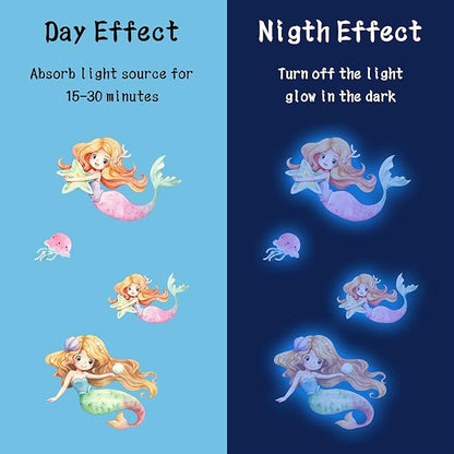 Glow in the Dark Mermaid Wall Decals – 68 Pcs Blue Glow Ocean Stickers | Mermaid Turtle Seahorse Jellyfish Starfish | Peel & Stick Ceiling Wall | Nursery Playroom Bedroom Gift