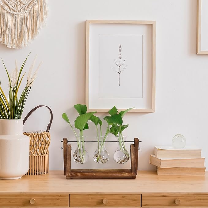 3 clear glass bulb vases arranged on a brown wood and metal stand on a shelf