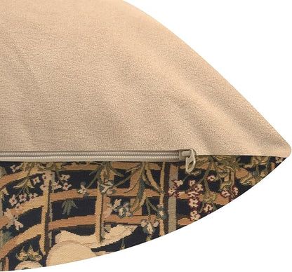 Beige back zip closure pillow cover with navy floral jacquard side