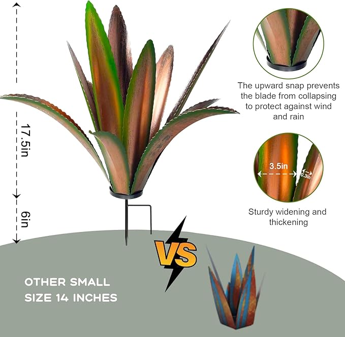 Metal agave sculpture with pointed multicolor leaves and a ground stake; 17.5 inches tall
