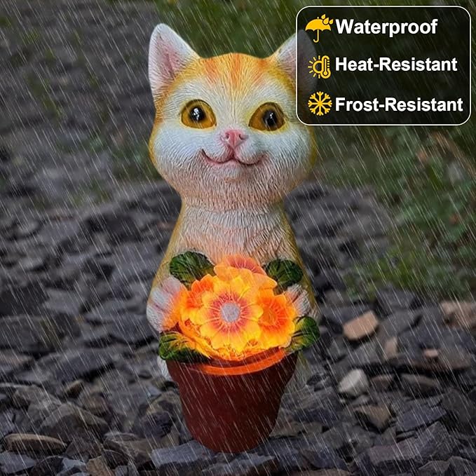 Solar Cat Garden Statue with Flower Pot - IP44 Resin Outdoor Decor