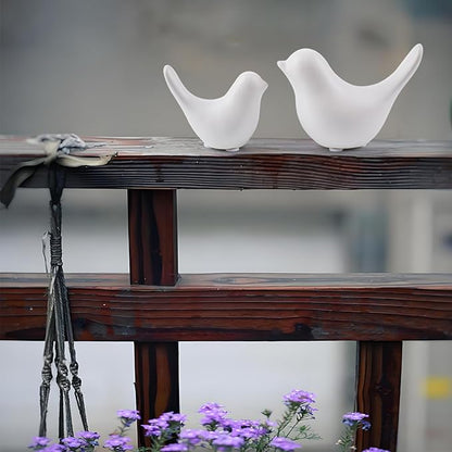 Ceramic white bird figurine set of 2 on wooden console shelf, side-by-side