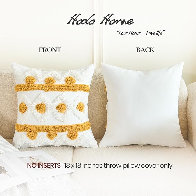 Pair of pillow covers: left white with gold tufted pattern, right plain white back