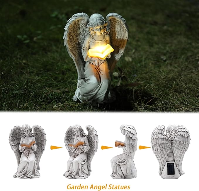 Solar Angel Garden Statue Reading Book with LED Glow - Elegant Resin Outdoor Decor