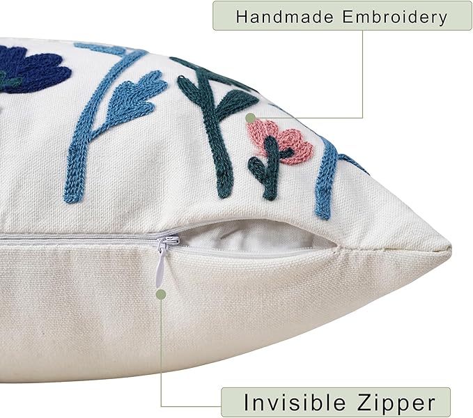 White cotton pillow cover corner with floral embroidery and invisible zipper