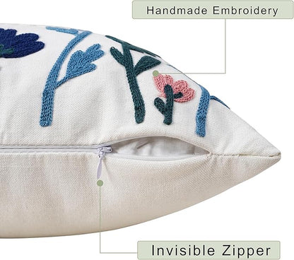 White cotton pillow cover corner with floral embroidery and invisible zipper