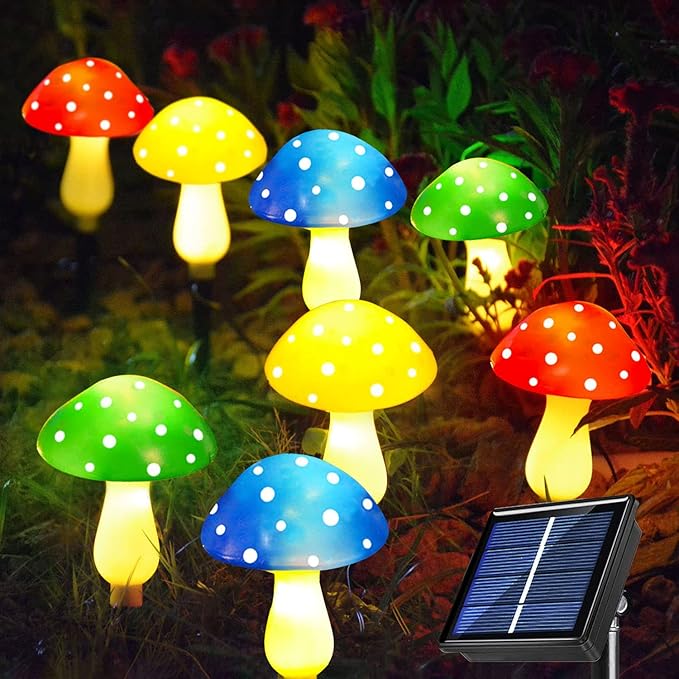 Set of 8 colorful solar mushroom LED lights with spotted caps and glowing stems
