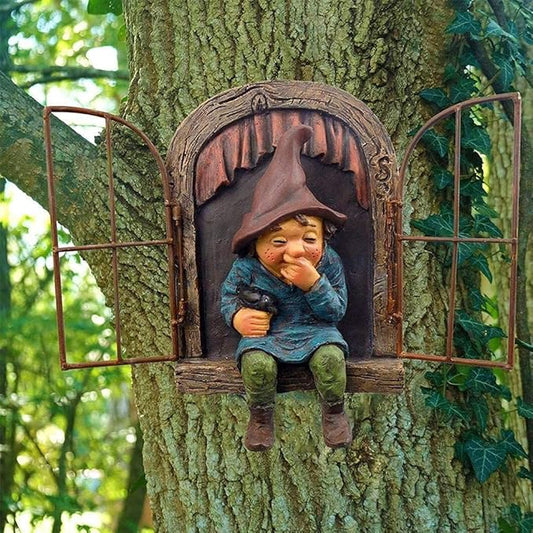 Tree-mounted garden gnome statue peeking from arched doorway with window bars