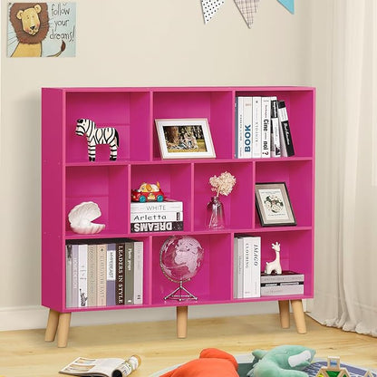 Hot Pink 10-Cube Bookcase with Wood Legs - 3-Tier Mid-Century Wide Freestanding Display Shelf for Girls Room, Bedroom, and Bold Home Office