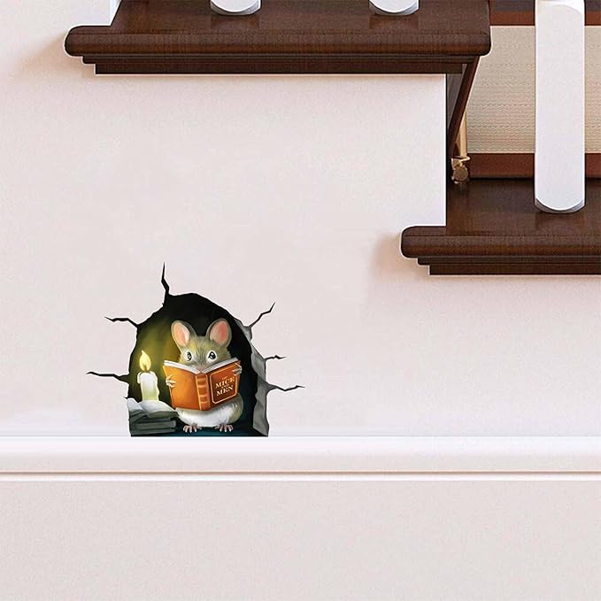 Mouse hole wall decal sticker featuring a small mouse reading an orange book
