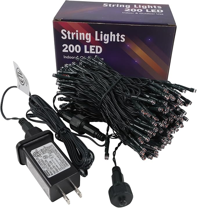 Boxed 200-LED Christmas string lights with black wire and red/green bulbs bundle