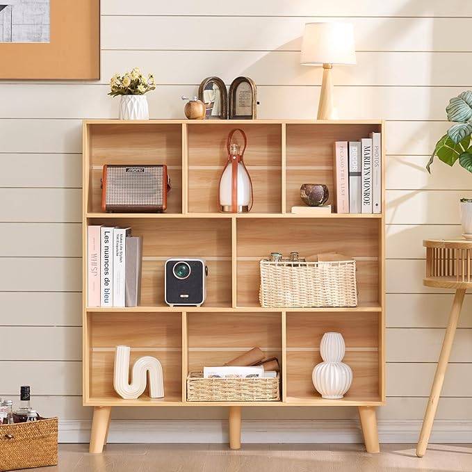 Natural Oak 8-Cube Wide Bookshelf with Wood Legs - Mid-Century Boho Bookcase for Living Room, Home Office, and Every Grown-Up Interior That Has Run Out of Places to Put Its Books