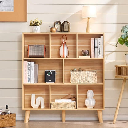 Natural Oak 8-Cube Wide Bookshelf with Wood Legs - Mid-Century Boho Bookcase for Living Room, Home Office, and Every Grown-Up Interior That Has Run Out of Places to Put Its Books