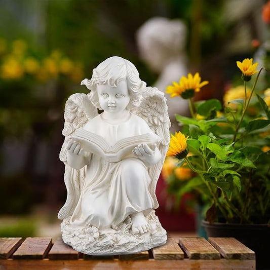 Solar Angel Garden Statue with Glowing Heart - Radiant White Resin Outdoor and Memorial Decor