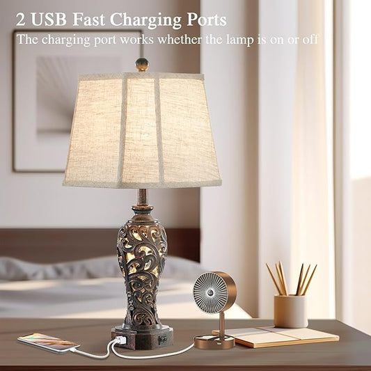 Farmhouse table lamp with beige linen shade, bronze resin base, dual USB ports