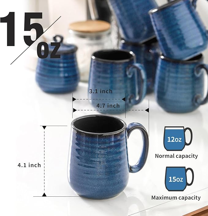 Navy Blue Ceramic Coffee Mugs – Set of 6 | 12oz Thick-Wall Heat Retention | Dishwasher & Microwave Safe | Coffee Gift Set