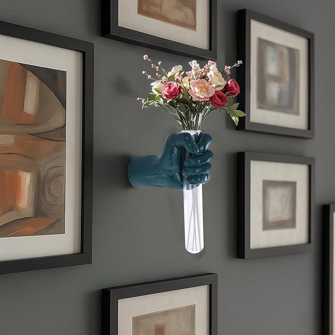 Green Hand Wall Vase Sculpture - Modern Wall-Mounted Glass Art with Test Tube Vase for Flowers, Plants, and Decorative Branches