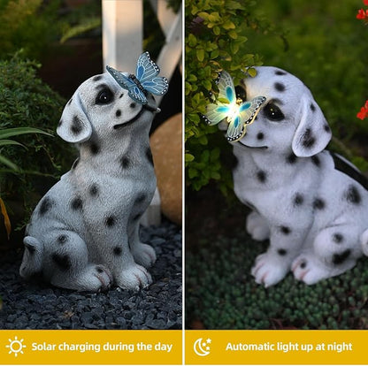 Dalmatian Solar Garden Statue with LED Light - Black and White Resin Outdoor Decor
