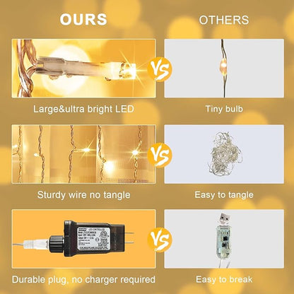 Warm White Curtain Lights – 300 LED 9.8x9.8ft | Remote Control Dimmable | UL Listed IP44 | Bedroom Backdrop Wedding Christmas Patio Dorm Indoor Outdoor