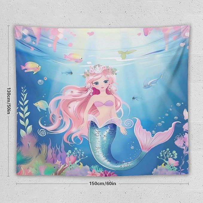 Mermaid Princess Wall Tapestry – 60" x 50" Watercolour | Mid-Size Girls Bedroom Decor | Wall Hanging | Dorm Living Room Kids Room