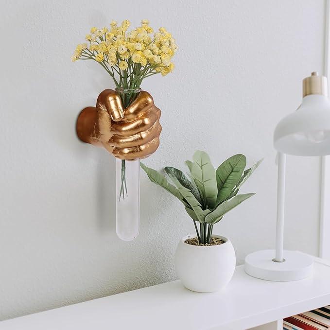 Gold Hand Wall Vase Sculpture - Modern Wall-Mounted Art with Glass Test Tube for Flowers, Plants, and Decorative Branches