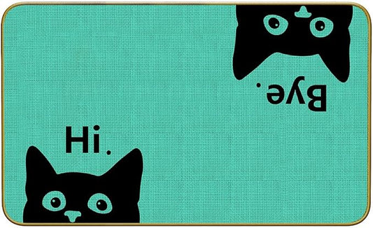 Green cat welcome doormat with black cat faces and “Hi” text, outlined border