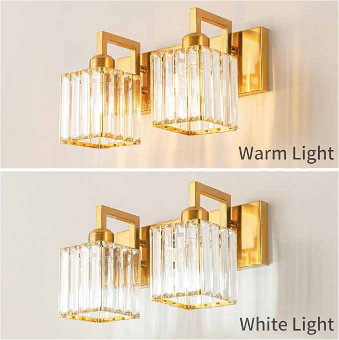 Gold 2-light vanity light with clear crystal glass shades and rectangular backplates