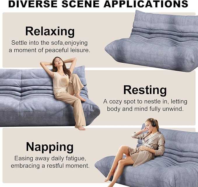 Grey Ripple Loveseat Floor Sofa - Togo-Style Foam Lounge Sofa with Wave Profile for Living Room, Reading Corner, and Modern Interiors