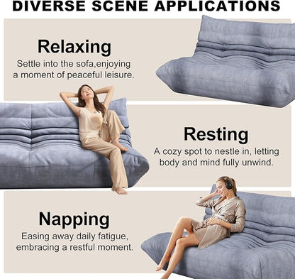 Grey Ripple Loveseat Floor Sofa - Togo-Style Foam Lounge Sofa with Wave Profile for Living Room, Reading Corner, and Modern Interiors