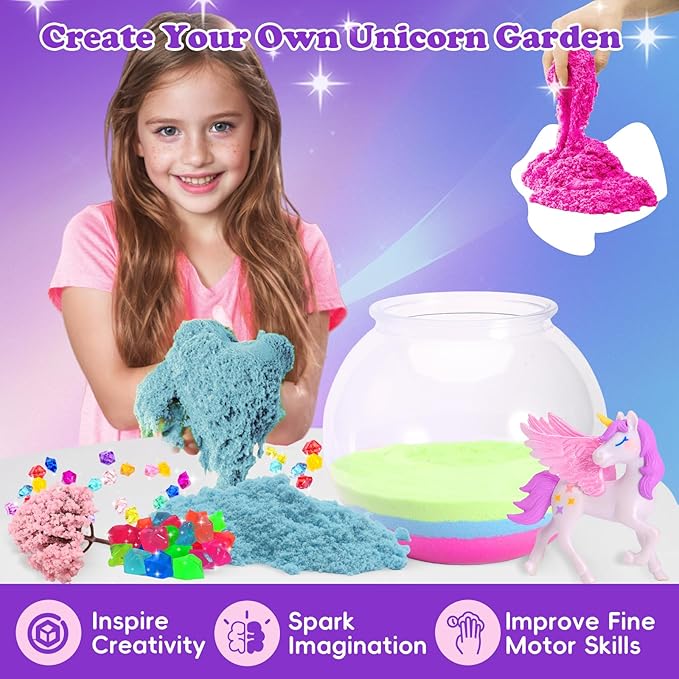 Unicorn garden terrarium kit pieces: rainbow sand, unicorn figures, tree, and jar