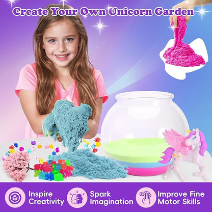 Unicorn garden terrarium kit pieces: rainbow sand, unicorn figures, tree, and jar