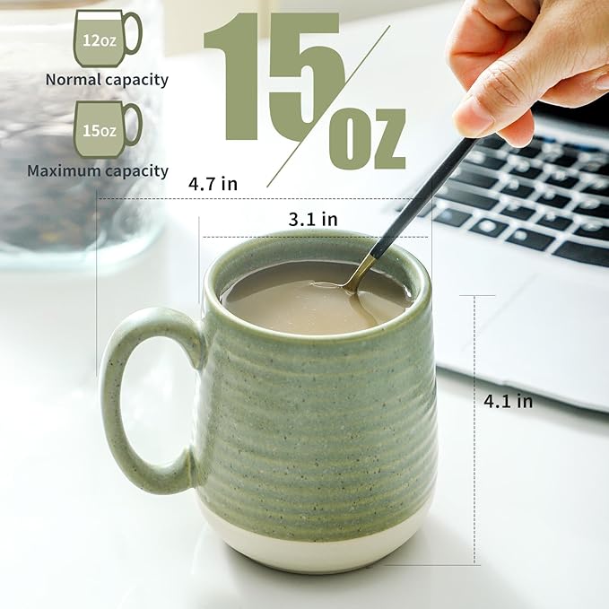Emerald Green Ceramic Coffee Mugs – Set of 6 | 15oz Large Cups with Handle | Lead-Free | Dishwasher & Microwave Safe | Coffee Gift Set