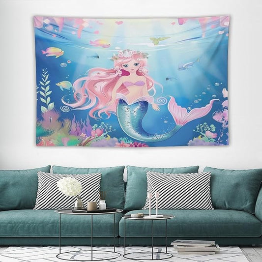 Mermaid Princess Wall Tapestry – 90" x 60" XL Watercolour | Largest Girls Bedroom Decor | Wall Hanging | Dorm Living Room Kids Room