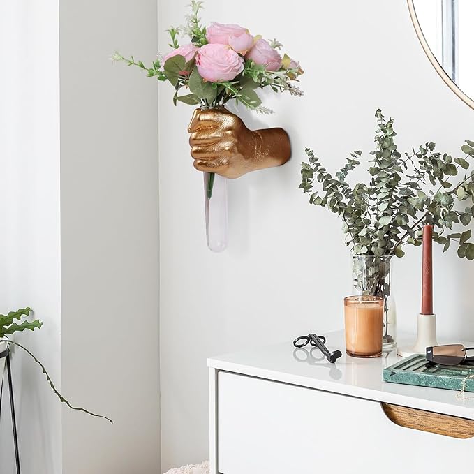Gold Hand Wall Vase Sculpture - Modern Wall-Mounted Art with Glass Test Tube for Flowers, Plants, and Decorative Branches