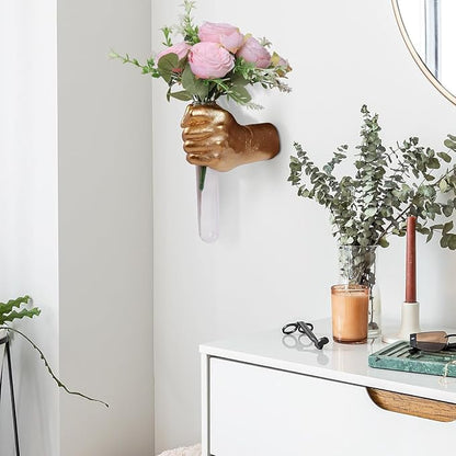 Gold Hand Wall Vase Sculpture - Modern Wall-Mounted Art with Glass Test Tube for Flowers, Plants, and Decorative Branches