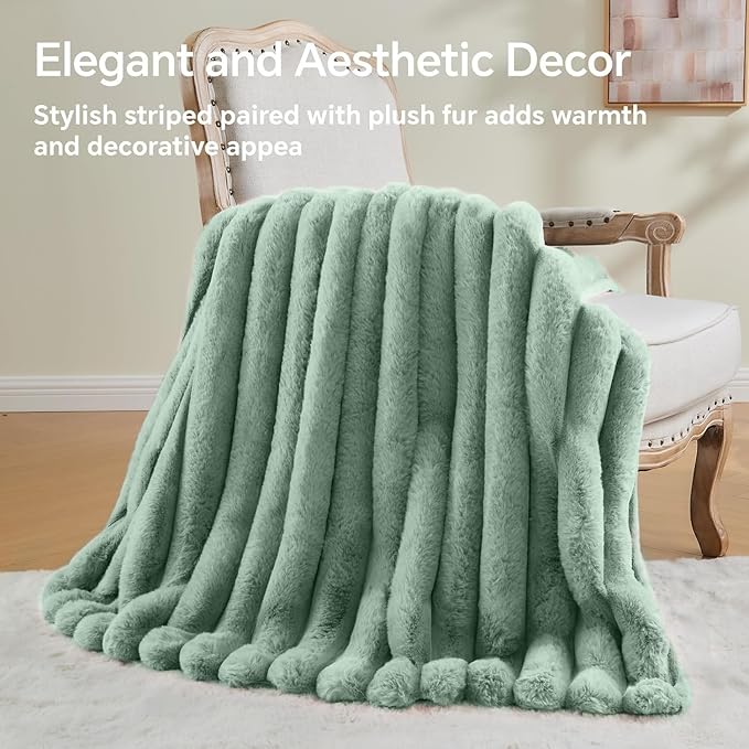 Sage Green Faux Rabbit Fur Throw Blanket – 60"x80" | 770GSM Double-Sided Luxury Fluffy Blanket | All Seasons | 3D Striped Plush Throw for Two