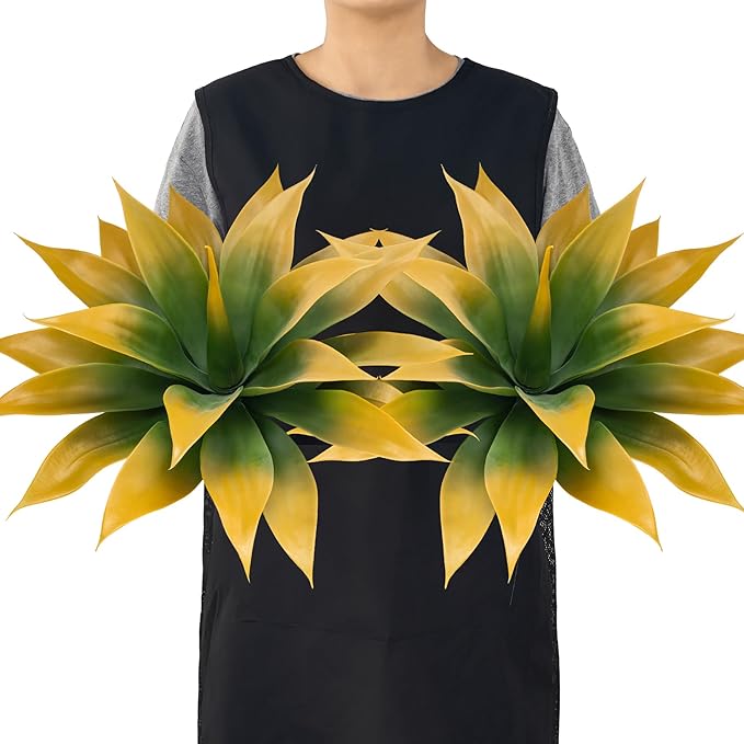 Yellow-green faux agave plant with spiky layered leaves on faux trunk stem